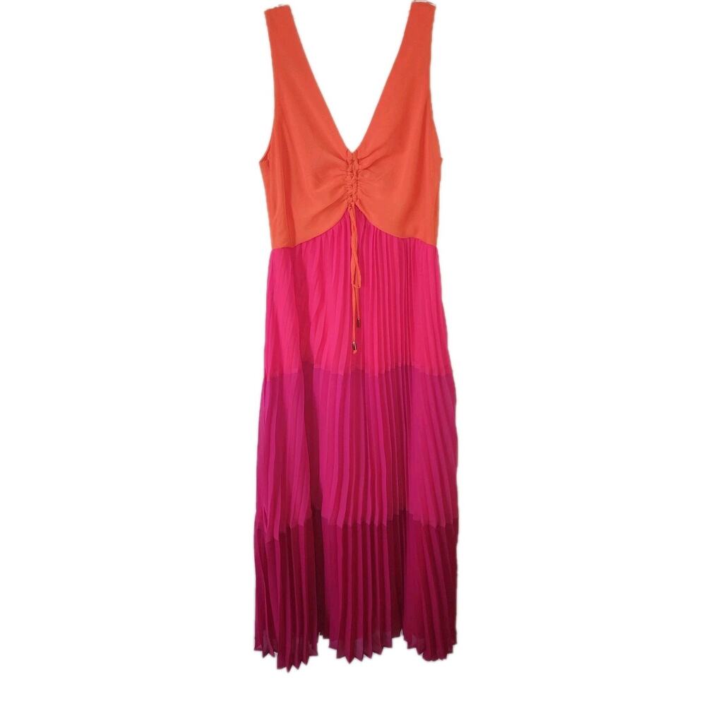 Taylor Pleated Ombre Colorblock Maxi Dress V-Neck Sleeveless Pink Orange Size 2